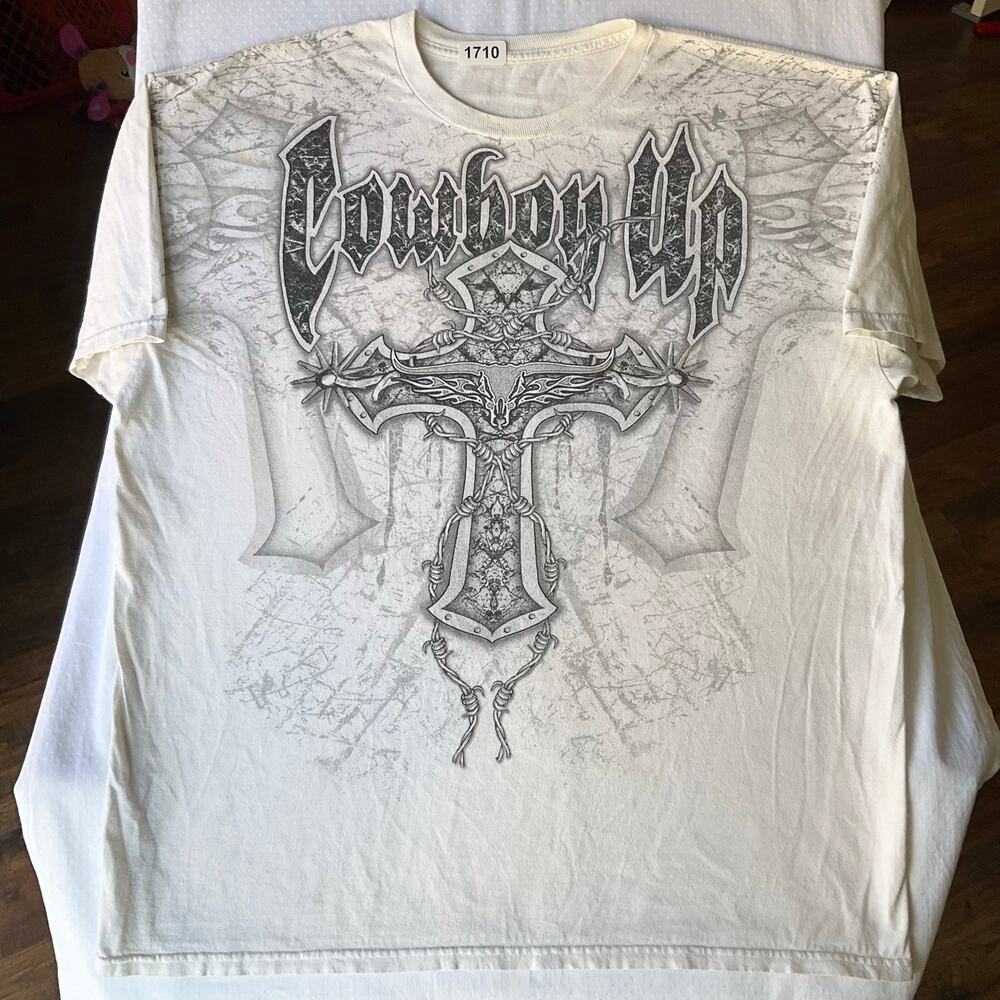 Cowboy Up Men’s Short Sleeve T-shirt size L, Off White, bare cross